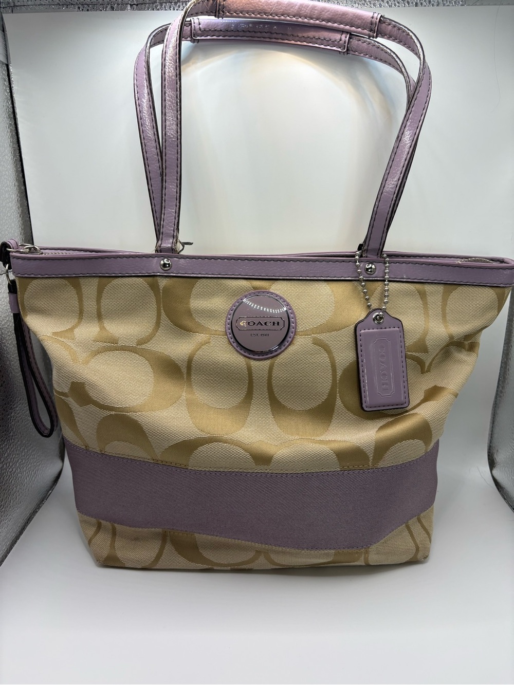 Coach Beige Signature Tote with Lavender Trim